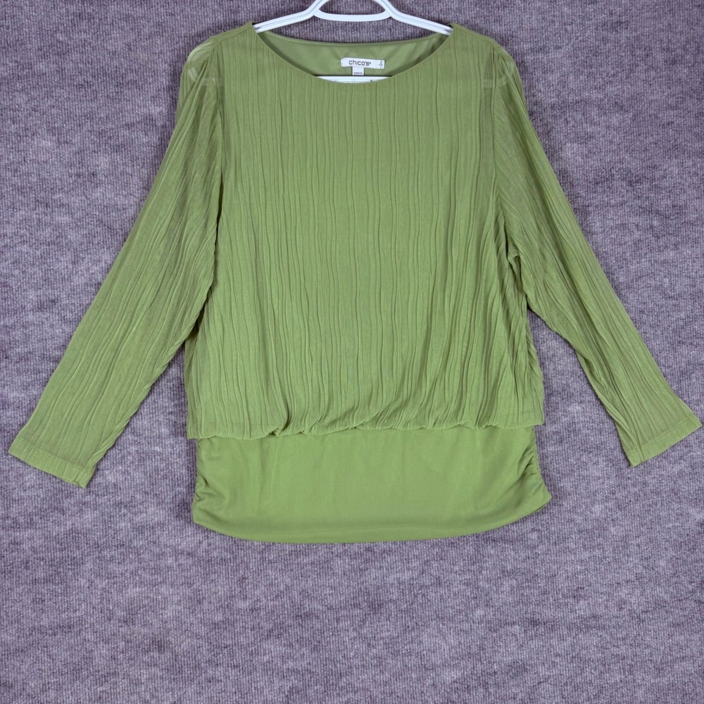 Chicos Travelers Size-2 Blouse Green Pleated Mesh Overlay Long Sleeve
